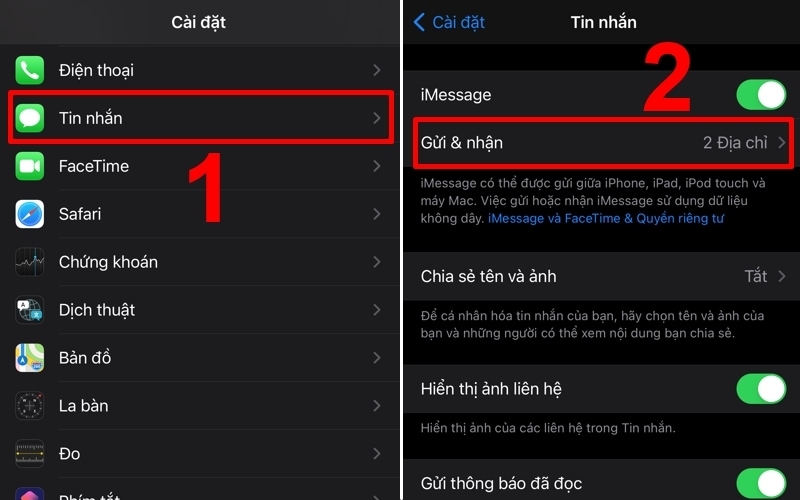 Chọn Gửi v&agrave; nhận trong mục Tin nhắn
